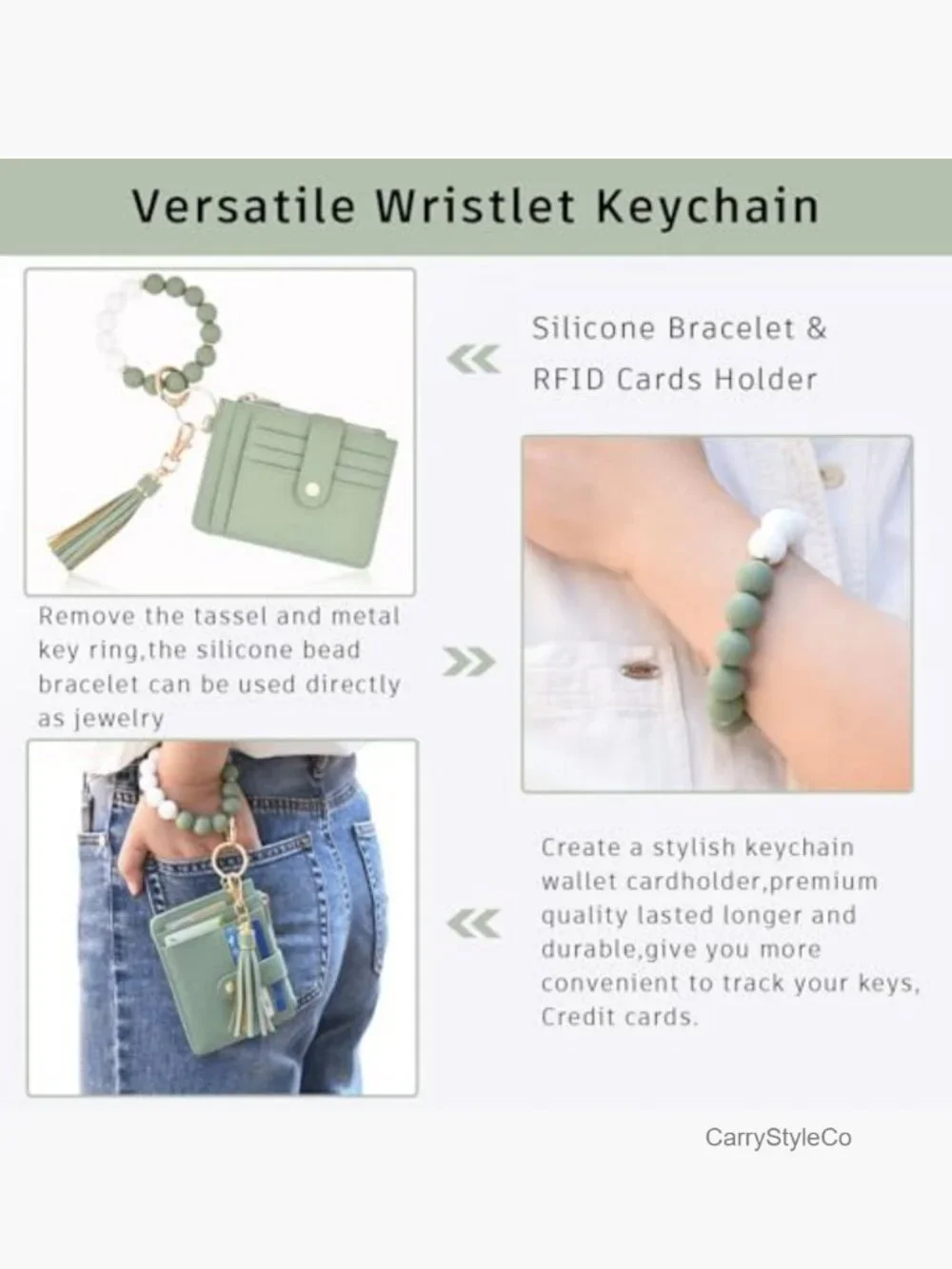 Silicone Beaded Keychain Wallet Wristlet Card Holder RFID Zipper Pocket